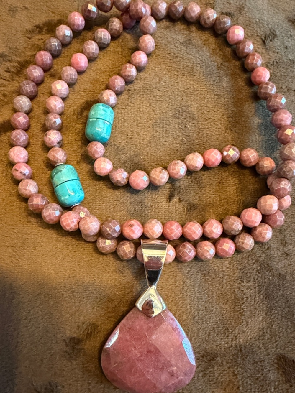Jay King Pink Faceted Bead Necklace with Turquoise Accent and Pink Pendant